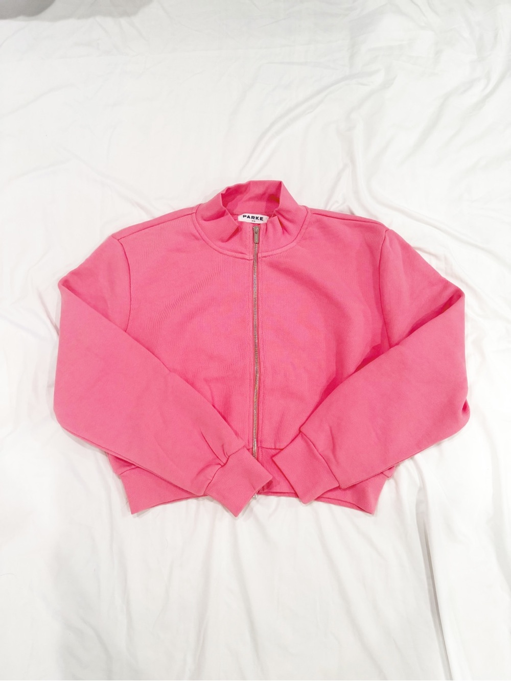 PARKER Cropped Zip-Front Sweatshirt in Hot Pink